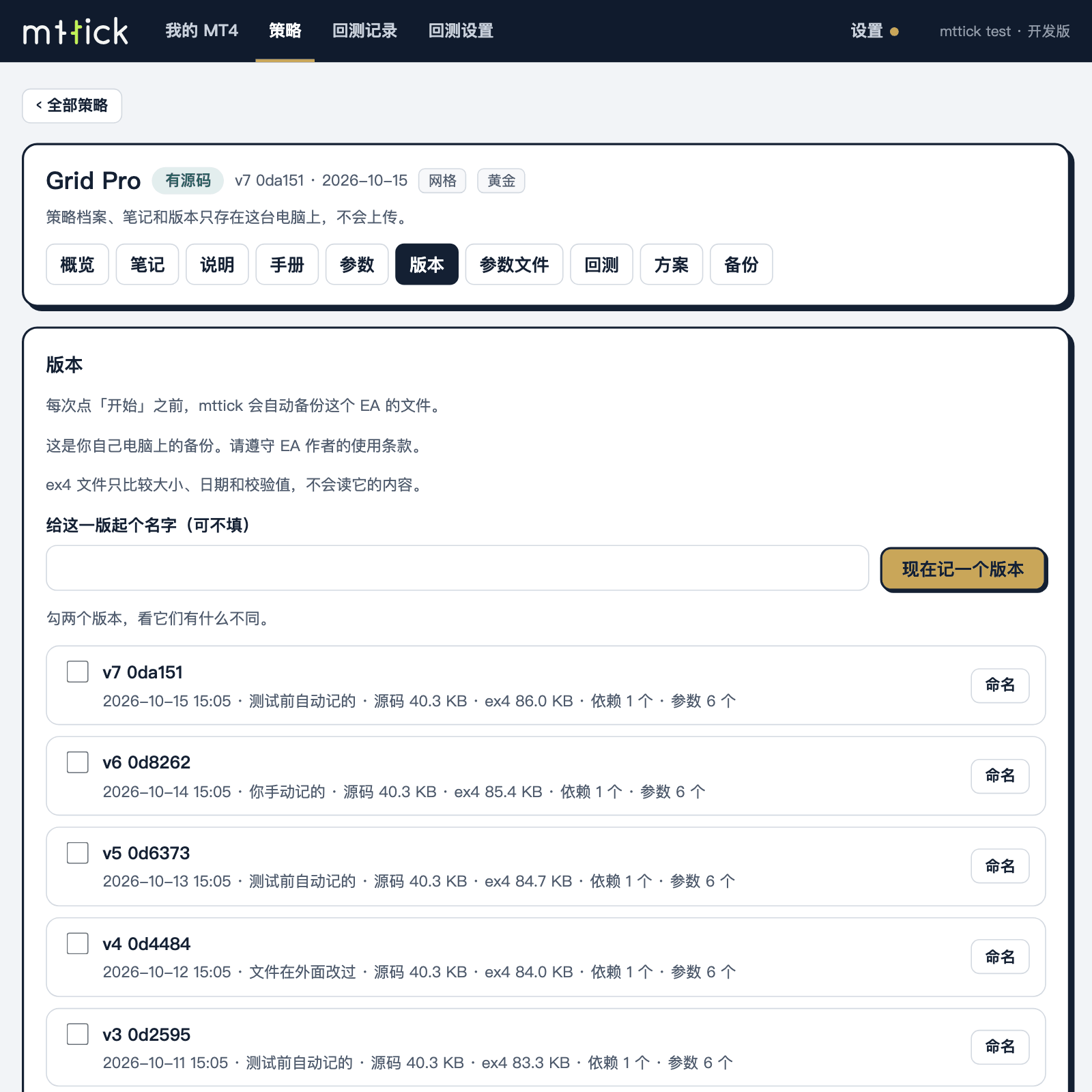 策略页：一个 EA 的档案，有版本和参数文件两个标签
